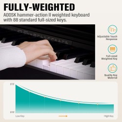 Piano digital AODSK de 88 teclas, piano de teclado con peso con soporte en U portátil y estable