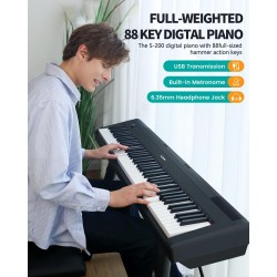 Piano digital AODSK de 88 teclas, piano de teclado con peso con soporte en U portátil y estable