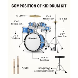 Juego de batería para niños, 5 piezas para principiantes, kit de batería junior de 14 pulgadas