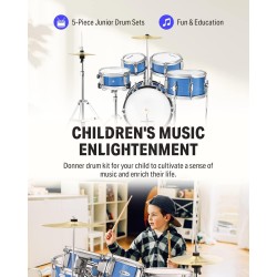 Juego de batería para niños, 5 piezas para principiantes, kit de batería junior de 14 pulgadas