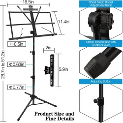 1 paquete de soporte de música, con soporte de clip para partituras de música y bolsa de transporte