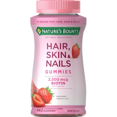 Cabello, piel y uñas con biotina gracias a Nature's Bounty Optimal Solutions, suplemento multivitamínico, gomitas de fresa, 2500