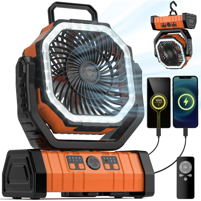 Ventilador de camping – Ventilador de batería de 20000 mAh recargable con linterna LED