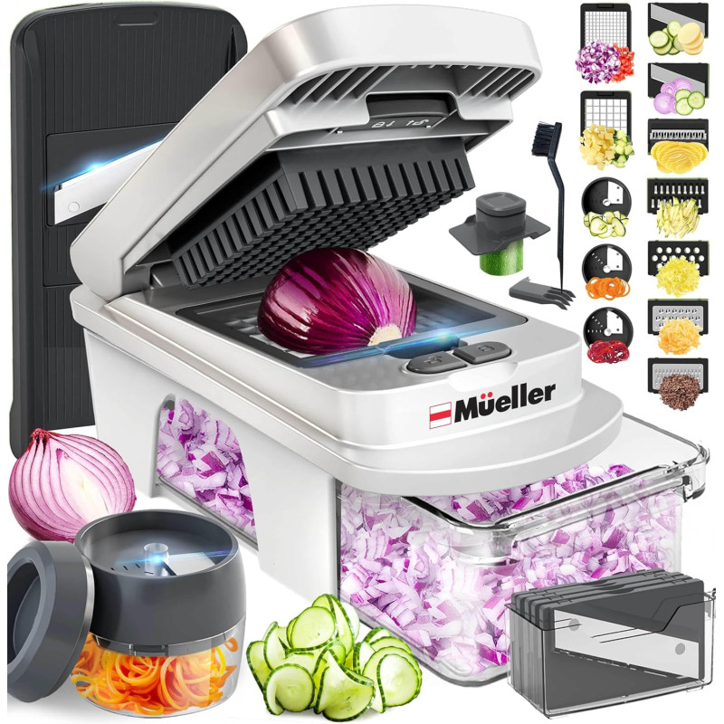 Mueller Pro-Series todo en 1 - Cortador, mandolina, 12 cuchillas, picadora de alimentos, rebanador de vegetales y espiralizador