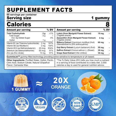 Gomitas rellenas de luteína y zeaxantina sin azúcar, 10 mg 20 mg de vitaminas oculares para la visión con selenio y zinc,