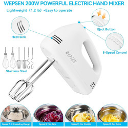 Batidora de mano eléctrica de 5 velocidades con 4 tazones de acero inoxidable