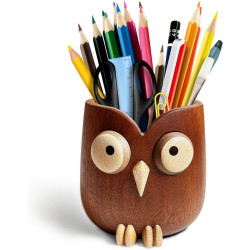 Soporte para bolígrafo de búho de ébano | Soporte de lapices y boligrafos de madera con forma de buho