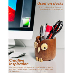 Soporte para bolígrafo de búho de ébano | Soporte de lapices y boligrafos de madera con forma de buho