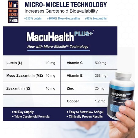 Macuhealth Plus+ Suplemento de vitaminas para los ojos para adultos, suministro para 90 días de fórmula a base de AREDS2 con