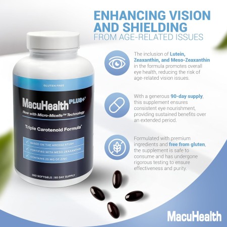 Macuhealth Plus+ Suplemento de vitaminas para los ojos para adultos, suministro para 90 días de fórmula a base de AREDS2 con
