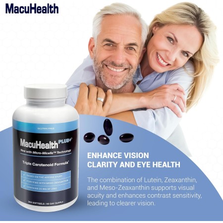 Macuhealth Plus+ Suplemento de vitaminas para los ojos para adultos, suministro para 90 días de fórmula a base de AREDS2 con