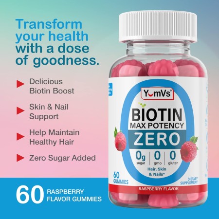 Yum-Vs - Gomitas de biotina de máxima potencia, 10,000 mcg de vitaminas de biotina sin azúcar para cabello, piel y uñas, gomitas