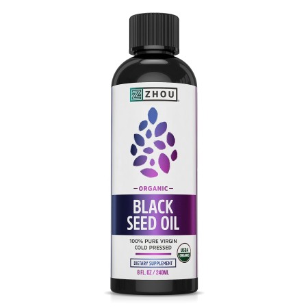 Zhou Aceite de semillas negras orgánico, 100% virgen prensado en frío Omega 3 6 9, súper antioxidante para apoyo inmunológico,