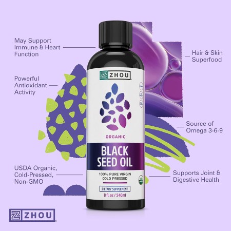 Zhou Aceite de semillas negras orgánico, 100% virgen prensado en frío Omega 3 6 9, súper antioxidante para apoyo inmunológico,