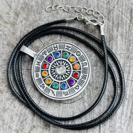 Rueda del zodiaco Astrología Horóscopo Tarot Psíquico Gitano Adivinador Colorido Cristal Peltre Unisex Hombre Colgante Collar