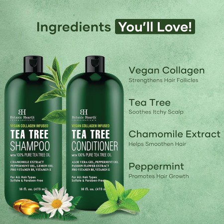 Botanic Hearth Juego de champú y acondicionador de árbol de té con colágeno vegano y aceite de árbol de té 100% puro, para cuero