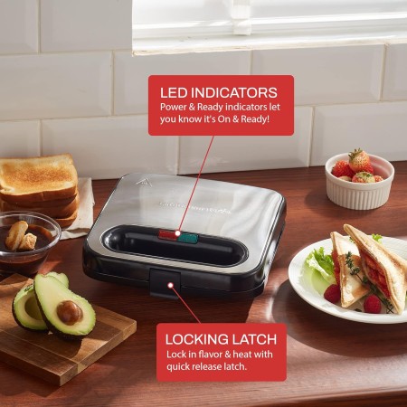 Elite Gourmet ESM2207SS Máquina de sándwich de acero inoxidable para hacer panini, máquina de queso a la parrilla, tortillas