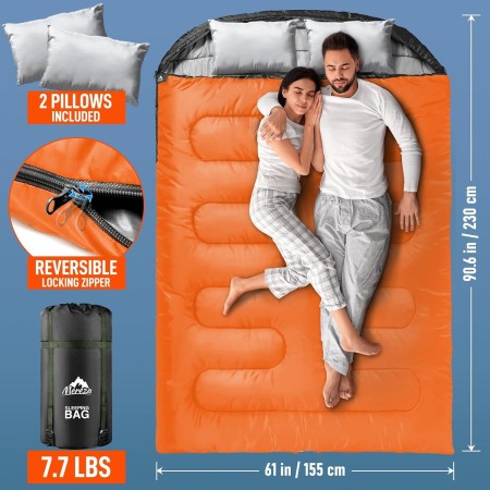 MEREZA Saco de dormir doble para adultos y hombres con almohada, tamaño XL, Queen, saco de dormir para dos personas para todas