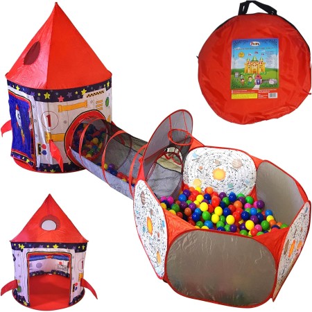 Playz 3 piezas de carpa de astronauta de cohete para niños, túnel y pozo de bolas con juguetes de aro de baloncesto para niños,