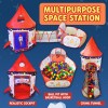 Playz 3 piezas de carpa de astronauta de cohete para niños, túnel y pozo de bolas con juguetes de aro de baloncesto para niños,