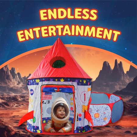 Playz 3 piezas de carpa de astronauta de cohete para niños, túnel y pozo de bolas con juguetes de aro de baloncesto para niños,