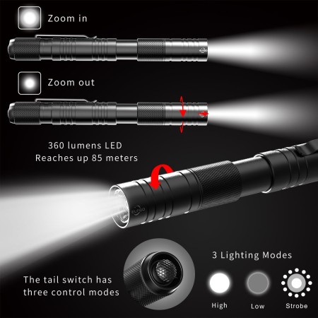 ELFGO 270 lúmenes de luz LED para bolígrafo, linterna de pluma con zoom, linterna de clip de tamaño de bolsillo, pequeña mini