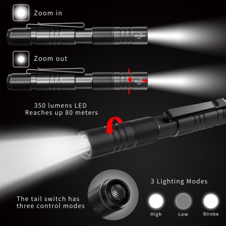 ELFGO 270 lúmenes de luz LED para bolígrafo, linterna de pluma con zoom, linterna de clip de tamaño de bolsillo, pequeña mini