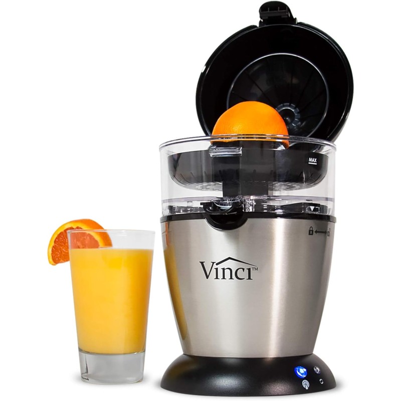 Vinci Exprimidor eléctrico de cítricos patentado manos libres, 1 botón, fácil de presionar, limón, lima, naranja, pomelo,