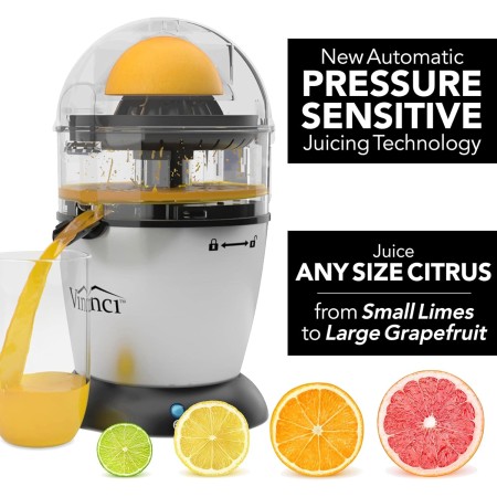 Vinci Exprimidor eléctrico de cítricos patentado manos libres, 1 botón, fácil de presionar, limón, lima, naranja, pomelo,