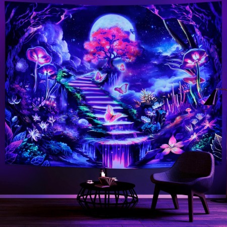 Leofanger Tapiz de luz negra, galaxia y luna, tapiz de flores de mariposa trippy reactivo a los rayos UV, tapiz de pared floral