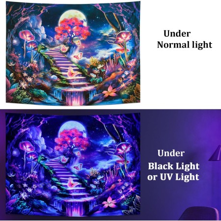 Leofanger Tapiz de luz negra, galaxia y luna, tapiz de flores de mariposa trippy reactivo a los rayos UV, tapiz de pared floral