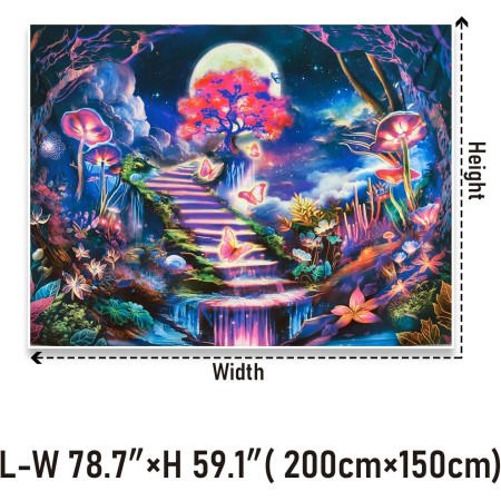 Leofanger Tapiz de luz negra, galaxia y luna, tapiz de flores de mariposa trippy reactivo a los rayos UV, tapiz de pared floral