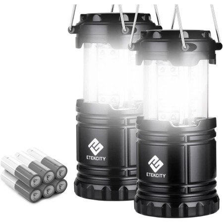 Etekcity Linterna de camping portátil para exteriores, luz LED, paquete de 2 con 6 baterías AA incluidas (color negro,