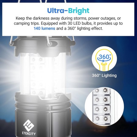 Etekcity Linterna de camping portátil para exteriores, luz LED, paquete de 2 con 6 baterías AA incluidas (color negro,