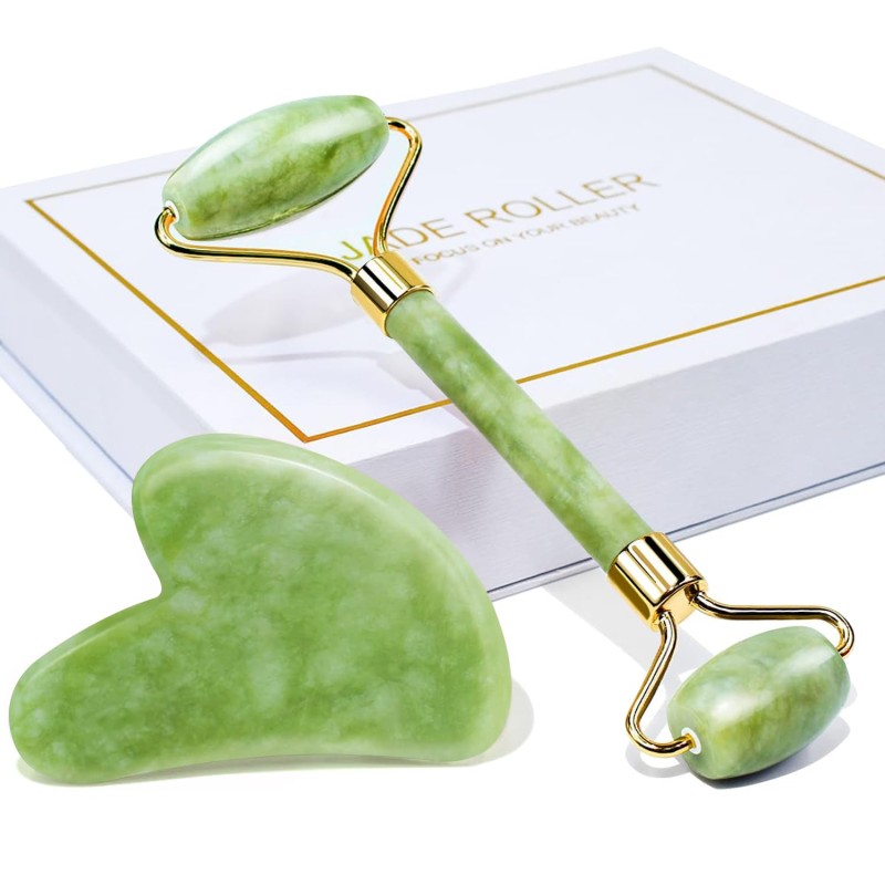 BAIMEI - Juego de rodillo facial y Gua Sha de jade herramientas para el cuidado de la piel y la hinchazón, color verde