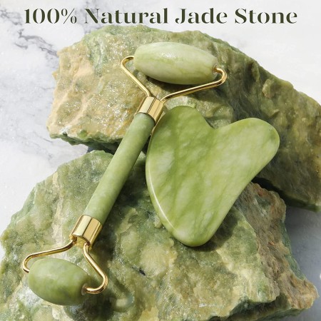 BAIMEI - Juego de rodillo facial y Gua Sha de jade herramientas para el cuidado de la piel y la hinchazón, color verde