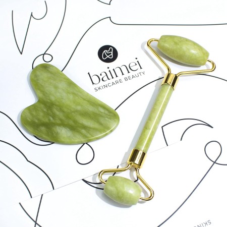 BAIMEI - Juego de rodillo facial y Gua Sha de jade herramientas para el cuidado de la piel y la hinchazón, color verde