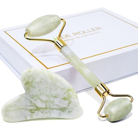 BAIMEI - Juego de rodillo facial y Gua Sha de jade herramientas para el cuidado de la piel y la hinchazón, color verde