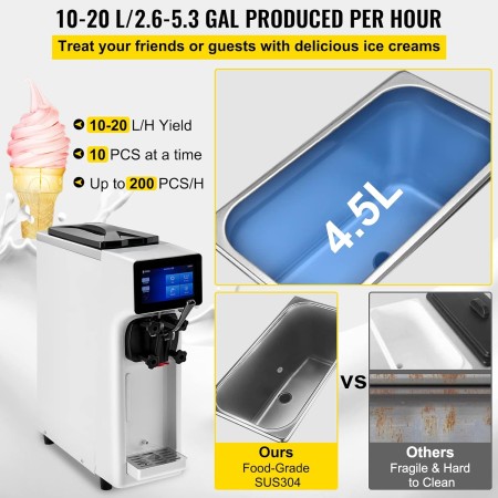 VEVOR Máquina comercial de helados, rendimiento de 10-20L/H, máquina de servir suave para encimera de 1000 W con tolva de 4.5 L