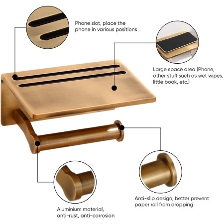 Smarthome Soporte de papel higiénico con estante para teléfono, dispensador de rollos de papel higiénico autoadhesivo de