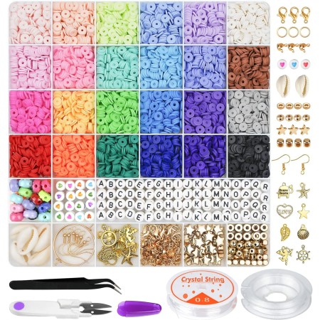 Gionlion 6000 cuentas de arcilla para hacer pulseras, 24 colores, cuentas planas redondas de arcilla polimérica de 0.236