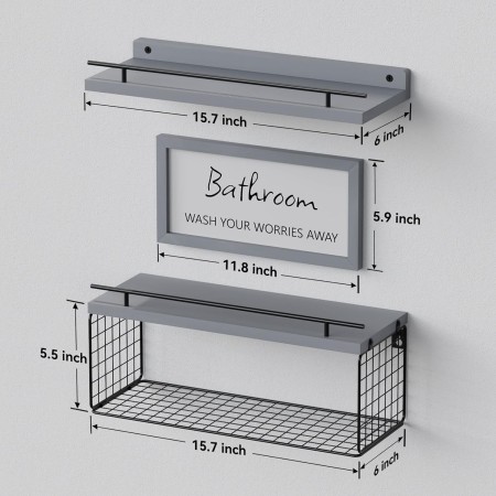 WOPITUES Estantes flotantes con letrero decorativo de pared de baño, estantes flotantes de madera sobre el inodoro con cesta de