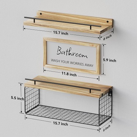 WOPITUES Estantes flotantes con letrero decorativo de pared de baño, estantes flotantes de madera sobre el inodoro con cesta de