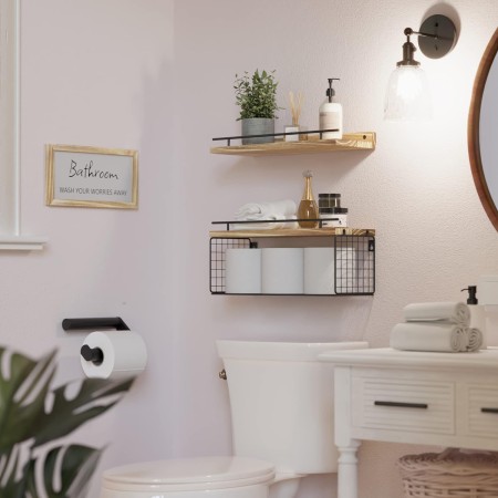 WOPITUES Estantes flotantes con letrero decorativo de pared de baño, estantes flotantes de madera sobre el inodoro con cesta de