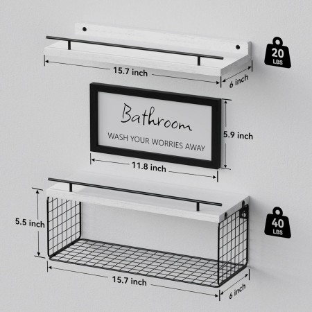 WOPITUES Estantes flotantes con letrero decorativo de pared de baño, estantes flotantes de madera sobre el inodoro con cesta de