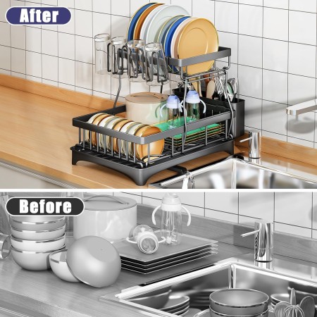 Escurridor de platos – Escurridor de platos de 2 niveles y escurridor para encimera de cocina de apartamento, organizador de