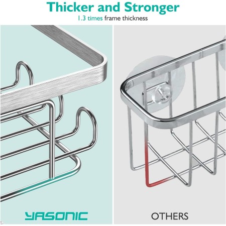 YASONIC Organizador de ducha adhesivo de esquina, con soporte para jabón y 12 ganchos, organizador de baño de acero inoxidable a