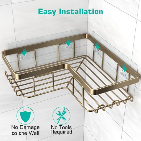 YASONIC Organizador de ducha adhesivo de esquina, con soporte para jabón y 12 ganchos, organizador de baño de acero inoxidable a