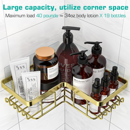YASONIC Organizador de ducha adhesivo de esquina, con soporte para jabón y 12 ganchos, organizador de baño de acero inoxidable a