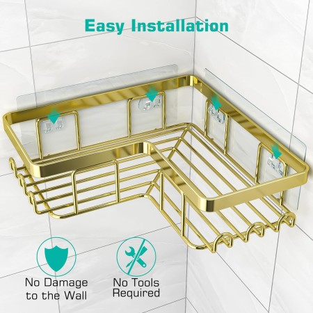 YASONIC Organizador de ducha adhesivo de esquina, con soporte para jabón y 12 ganchos, organizador de baño de acero inoxidable a